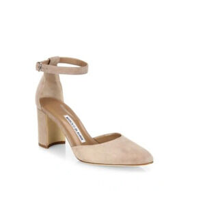 Manolo Blahnik Lausam Suede Ankle Strap Block Heels Sandals Tan Women's EU 37